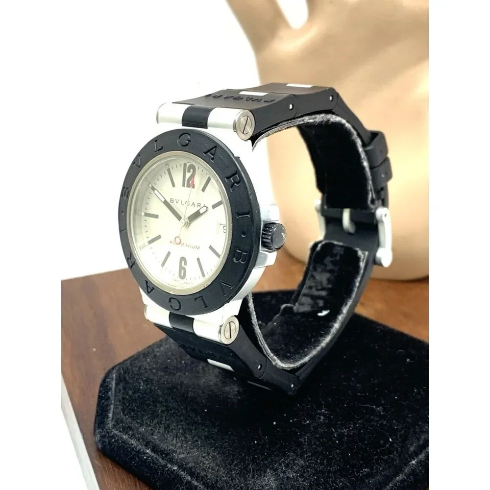 Bvlgari Men's Watch AL38A Aluminum Swiss Automatic Silver Dial Black Rubber 38mm